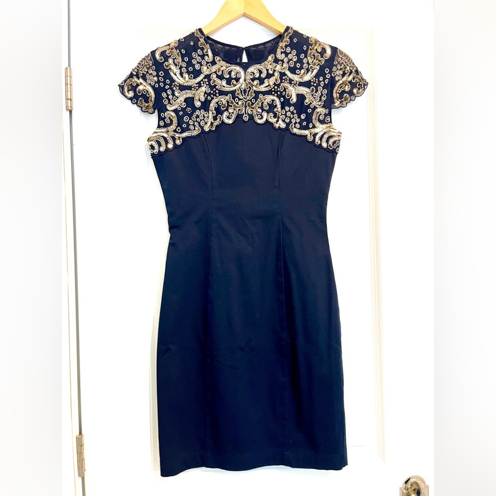 French Connection Navy Dress with Gold Embellished Bodice
